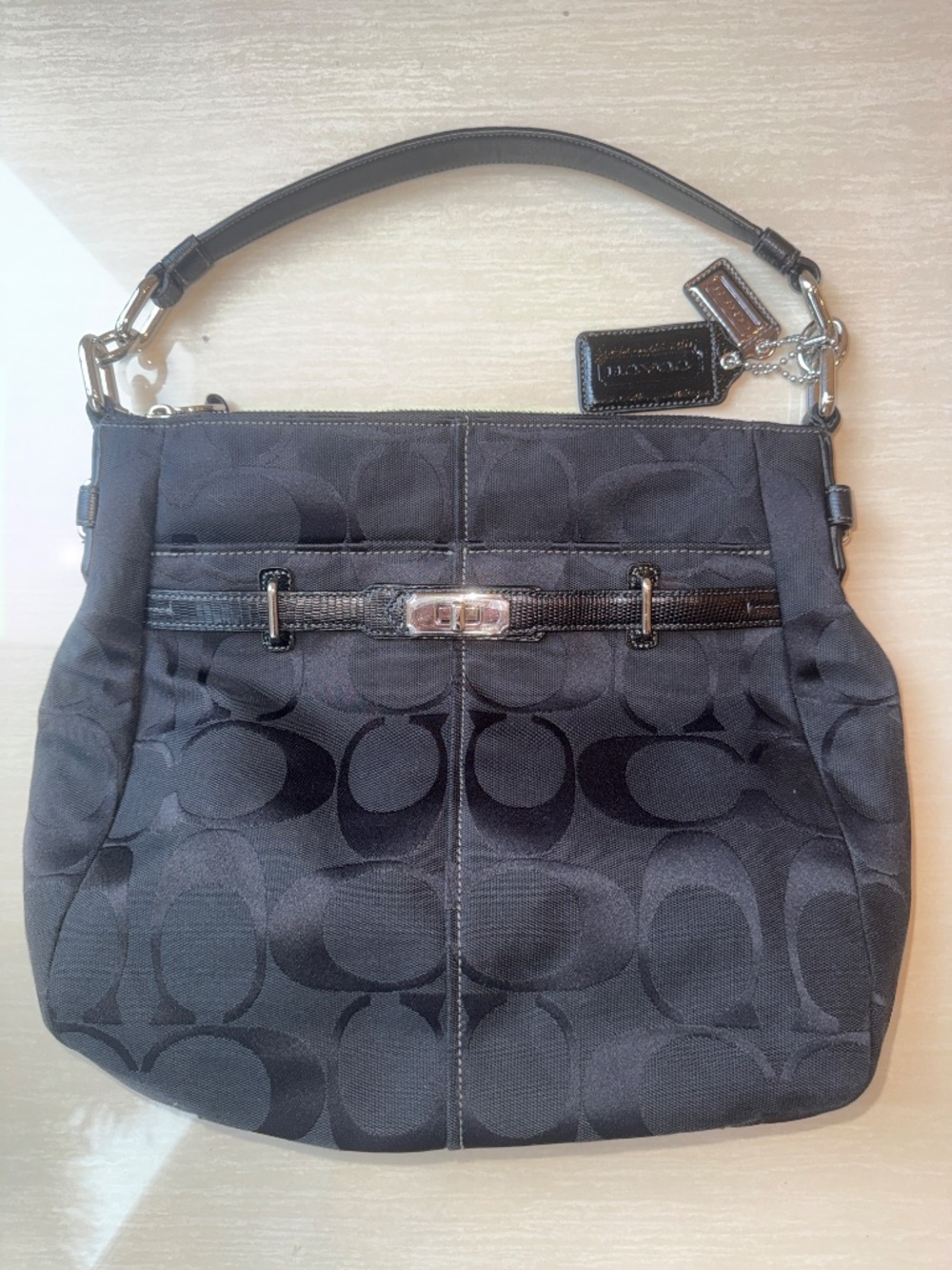 Coach Black Signature Jacquard Hobo Shoulder Bag Turnlock Buckle